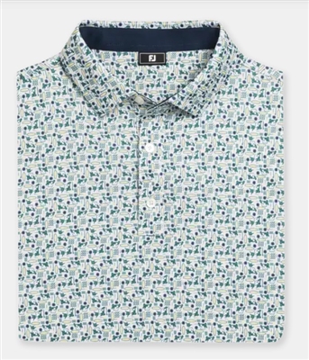 Footjoy Menâ€™s Surfs Up Lisle Golf Shirt, Field Green/White/Sunshine/Navy