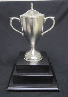 Pewter-Finished cup with lid, on solid black 2-tier wooden annual base