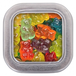 Delicious gummy bears in custom printed square tin make a perfectly sweet wedding favor