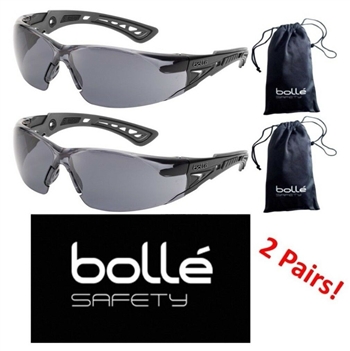 Bolle 40208 Rush+ Safety Glasses with Black/Gray Temples and Smoke Lens - 2 Pair