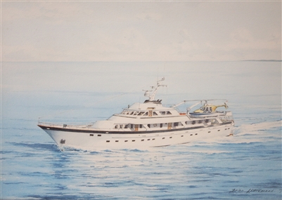 Brian Littlewood Signed & Dated 1979 Watercolour of Colonel Gadaffi's Yacht