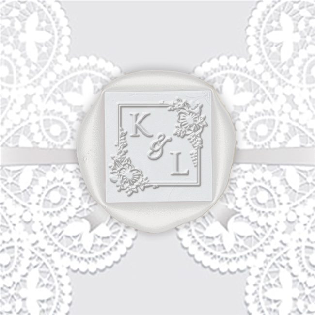 Custom Adhesive Wax Seal Stickers Hand Pressed - 1 3/8" Wedding Duogram Optimus in Square Floral Border