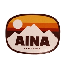 Aina Clothing Mt Groovius Die Cut Sticker, setting Sun over mountains