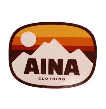 Aina Clothing Mt Groovius Die Cut Sticker, setting Sun over mountains