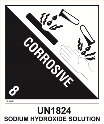 DL524P-A <br> D.O.T. CLASS 8 CORROSIVE SODIUM HYDROXIDE SOLUTION <br> 4" X 4 3/4"