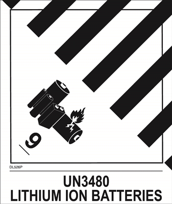 DL526P-2 <br> D.O.T. CLASS 9 MISCELLANEOUS LITHIUM ION BATTERIES <br> 4" X 4-3/4"