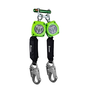 SafeWaze-5052 Series SRD Dual Leg 6 Foot Self Retracting Web Lifeline with steel snap hooks, swivel top attachment point and 9013 behind the web bracket.