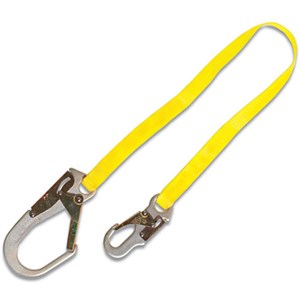 <b>Guardian 01251 3 foot web lanyard </b> with locking snaphook on one end and <b> rebar hook </b> on the other end.