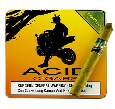 Pictured above is a single stick of Acid Kuba Kuba along side the Acid logo which pictures a dred-locked individual (Scott Chester) on a motorcycle under a tree with what appears to be a sunset