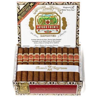 After years of development, Arturo Fuente proudly presents the Magnum R series of cigars. This series features an exclusive Rosado Sun Grown wrapper culled from lower primings of fine Ecuadorian tobacco plants which has been aged for almost a decade. The