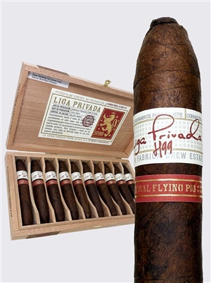 Liga Privada H99 Feral Flying Pig cigar 5 3/8 x 60 by Drew Estate shown as a full box and single stick