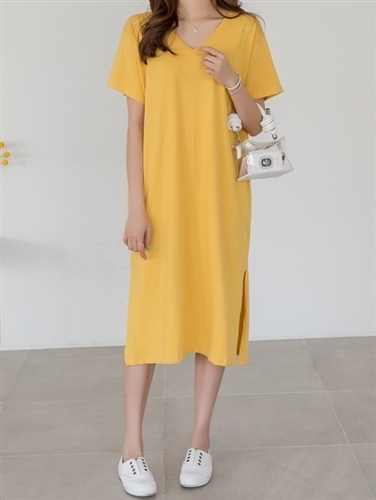 Cotton 100 V Neck Dress (Black/Ivory/Beige/Yellow/) (will ship within 1~2 weeks)