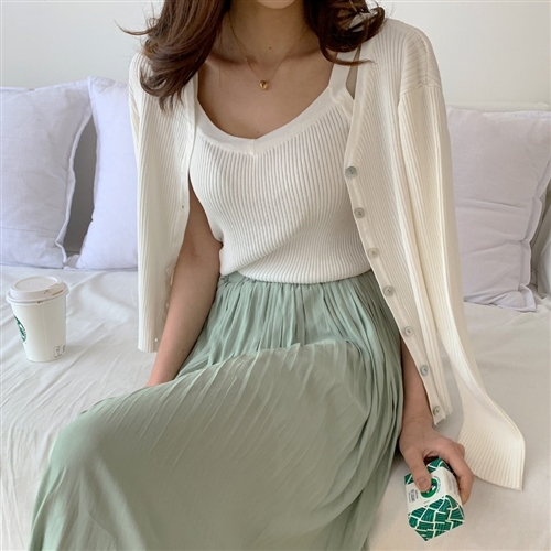 Line Sleeveless and Cardigan Set (Ivory/Beige) (will ship within 1~2 weeks)