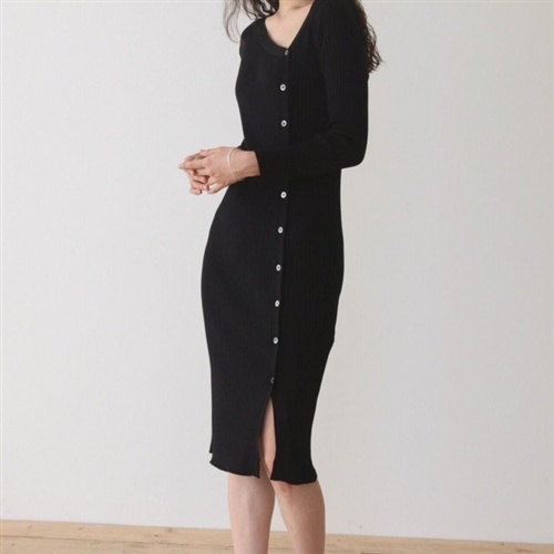 Black Unbalanced Button Knit Cardigan Dress (will ship within 1~2 weeks)