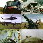 Photos from the Vietnam War: Huey and Chinook Helicopters,  air mobile infantry wading through deep swamps  and air dropped field artillery.