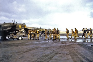P-38E Lightning fighter pilots prepare for a mission at Adak, Alaska in 1942, from the film, Report from the Aleutians.