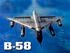 Color photo of a Convair B-58 Hustler supersonic jet bomber, holder of numerous international speed and altitude records.