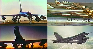 Color photos of Convair B-58 and TB-58 Hustler supersonic jet bombers, holder of numerous international speed and altitude records, both on the ground and in the air as part of the Strategic Air Command.