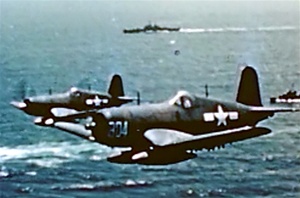 Color photo taken during World War 2 of  Vought F4U Corsairs in flight