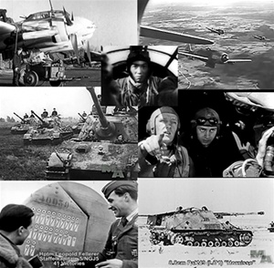 World War 2 still photos taken from German Newsreels including Junkers JU 88 bombers, Focke Wulf FW 190 fighter bombers over Russia, King Tiger Tanks, Luftwaffe night fighter ace Leopold Fellerer, and Panzerjager Hornisse (Hornets) armed with 88s
