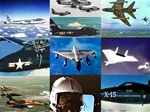 Color photos of North American F-86 and F-100 fighters, an X-15 rocket plane, and B-47, B-58, F-105 and XB-70 bombers