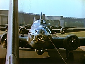 Still color photo of Boeing B-17 bombers in line ready to take off from the classic World War 2 film The Memphis Belle.