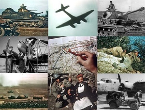Still photos from films shot during the North African Campaign in World War 2: an M3 tank, a Messerschmidt Me 110 fighter/bomber, Patton's infantry in action, servicing a P-38 fighter, Tiger Tanks in action, and a Panzer Mk 3 tank.