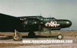 Color photo of a Northrop P-61 Black Widow night fighter ready to take off against Nazi Germany from a base in Belgium during World War 2.