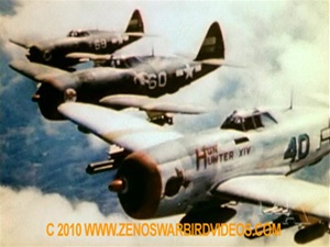 Color photo of Republic P-47 Thunderbolts of the 65th Fighter Squadron in action over Italy from the restored World War 2 classic film Thunderbolt!