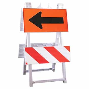 Econocade Barricade -12" x 24" Top Panel Diamond Grade Arrow Sign Legend,
8" x 24" Bottom Panel High Intensity Prismatic Striped Sheeting