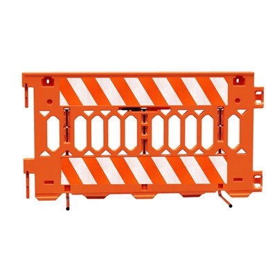 "Plastic Roadway Barrier PATHCADE, 2008-O-DGL, Orange. Two Sections of Diamond Grade Striped sheeting on one side of the barricade, LEFT  Top & Bottom  One Side"