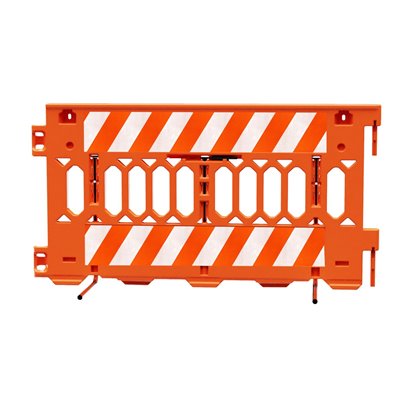 Lightweight Crowd Control Barrier PATHCADE, 2008-O-DGR, Orange. Two Sections of Diamond Grade Striped on one side of the barricade, RIGHT Top & Bottom One Side