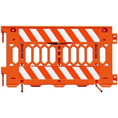"Pedestrian Control Barricade PATHCADE, 2008-O-EGL, Orange. Two Sections of Engineer Grade Striped sheeting on one side of the barricade, LEFT  Top & Bottom  One Side"