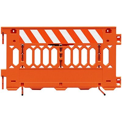 "UV-Resistant Plastic Barrier PATHCADE, 2008-O-EGL-T, Orange. One Section of Engineer Grade Striped sheeting on one side of the barricade, LEFT  Top Only  One Side"