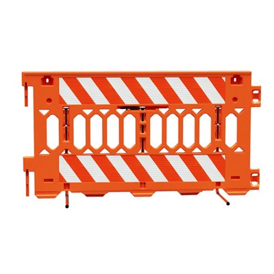 "Safety Barricade for Events PATHCADE, 2008-O-HIPL, Orange. Two Sections of High Intensity Prismatic Grade Striped sheeting on one side of the barricade, LEFT  Top & Bottom  One Side"