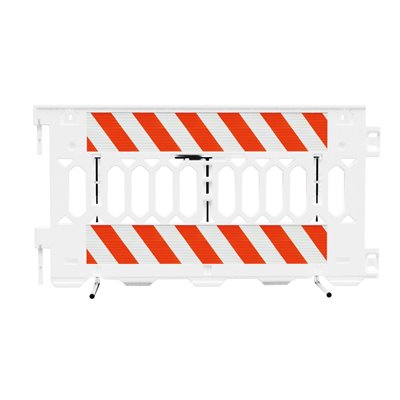 Pedestrian Barricade for Festivals PATHCADE, 2008-W-HIPLR, White. Two Sections of High Intensity Prismatic Grade Striped sheeting on both sides of the barricade, LEFT/RIGHT Top & Bottom Both Sides