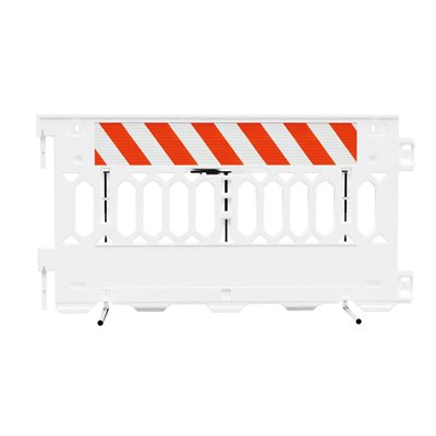 Customizable Plastic Barrier PATHCADE, 2008-W-HIPLR-T, White. One Section of High Intensity Prismatic Grade Striped sheeting on both sides of the barricade, LEFT/RIGHT Top Only Both Sides