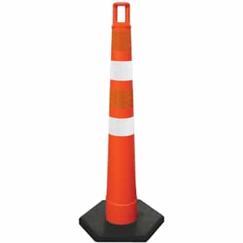 Orange cone with two white stripes and two orange stripes of 4" diamond grade sheeting