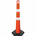 Orange cone with two white stripes and two orange stripes of 4" high intensity prismatic sheeting