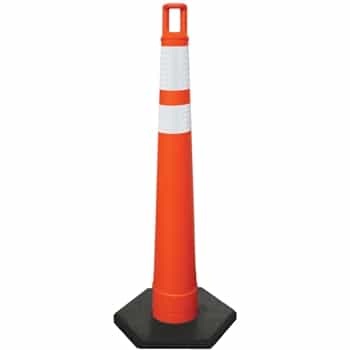 Orange cone with two stripes of white high intensity prismatic sheeting
4" wide stripe underneath  (stripes are 2" apart)
