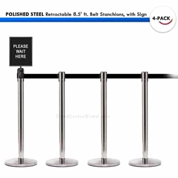 SET: 4 POLISHED STEEL Retractable 8.5' ft. Belt Stanchions, with Sign