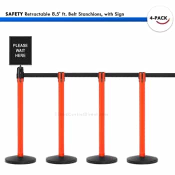 SET: 4 SAFETY Retractable 8.5' ft. Belt Stanchions, with Sign