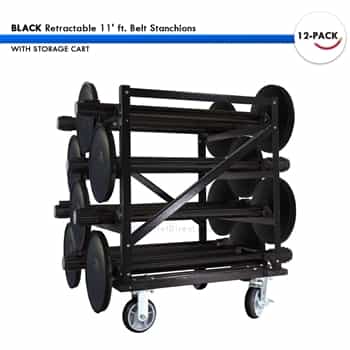 SET: 12 BLACK Retractable 11' ft. Belt Stanchions, with Storage Cart