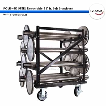 SET: 12 POLISHED STEEL Retractable 11' ft. Belt Stanchions, with Storage Cart