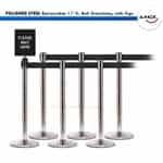 SET: 6 POLISHED STEEL Retractable 11' ft. Belt Stanchions, with Sign
