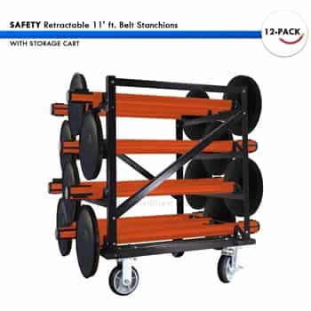 SET: 12 SAFETY Retractable 11' ft. Belt Stanchions, with Storage Cart