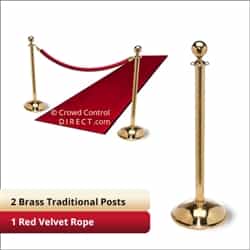Brass Stanchion Kit: 2 + 1 velvet ropes  (Ball Top with Dome Base)