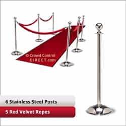 Stainless Steel Stanchion Kit: 6 + 5 velvet ropes (Ball Top with Dome Base)