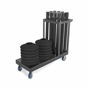 Kit: Premium Retractable Belt Stanchion - Black steel post with 15lb base & 7.5' black belt (12 PACK) with Cart