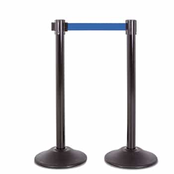 Premium Retractable Belt Stanchion - Black steel post with 15lb base & 7.5' blue belt (2 pack)